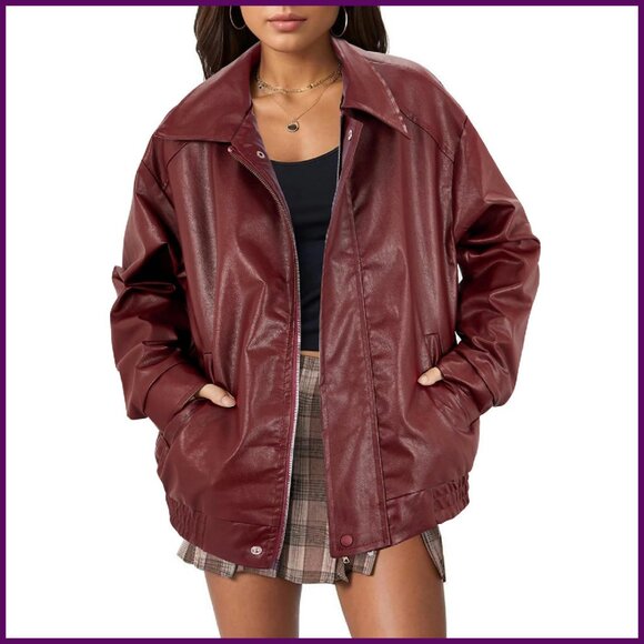 Oversized Faux Leather Motorcycle Jacket - Polyester Zip Up Side Pockets
